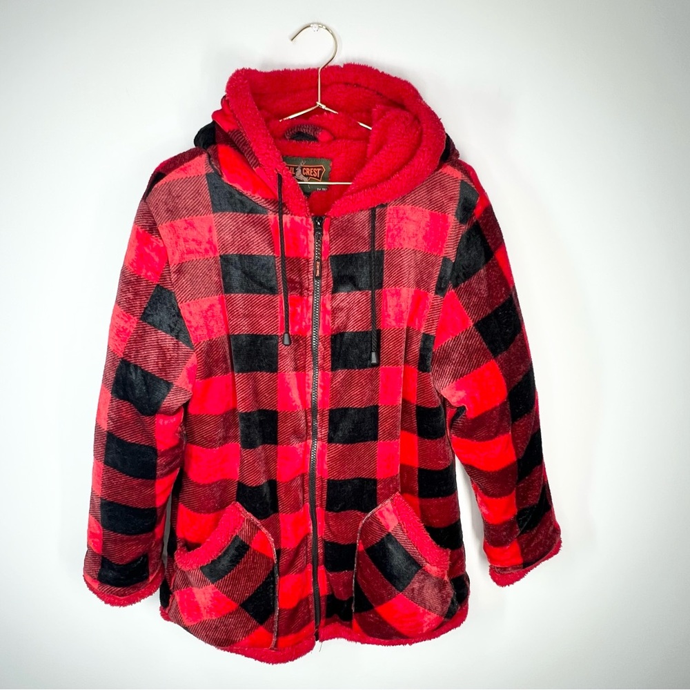 Trail Crest Fleece Buffalo Red Black Plaid Zipper Front Hooded Jacket Medium